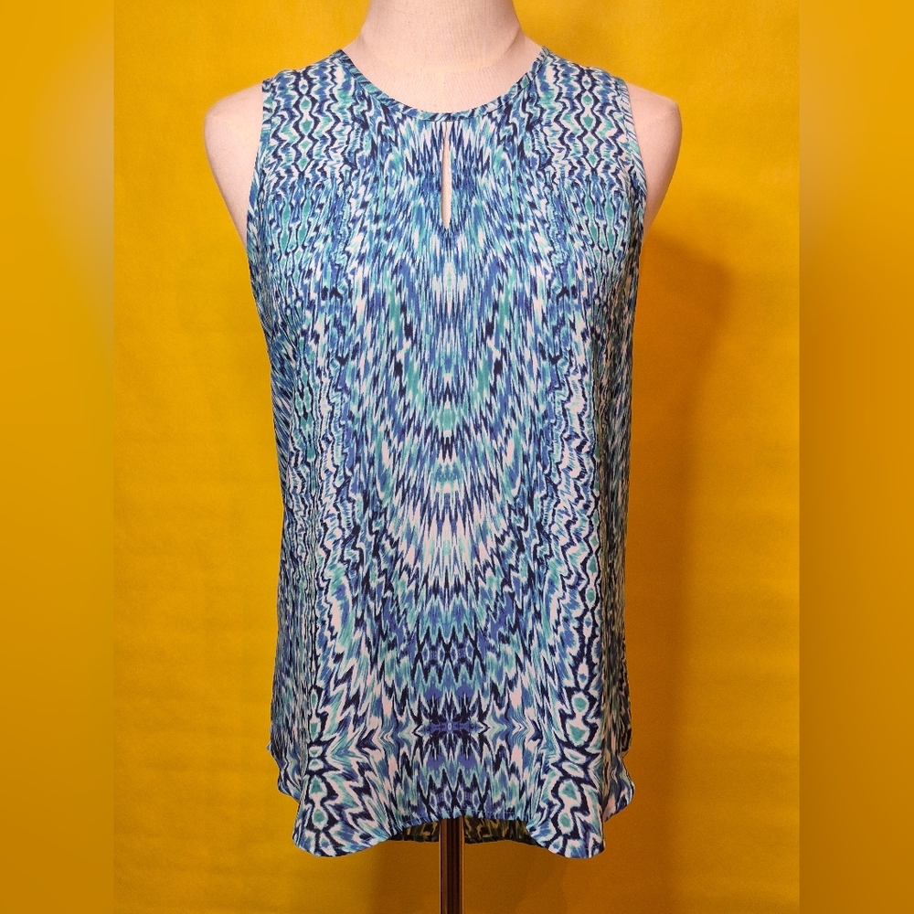 Source Unknown Aqua and Navy Patterned Blouse